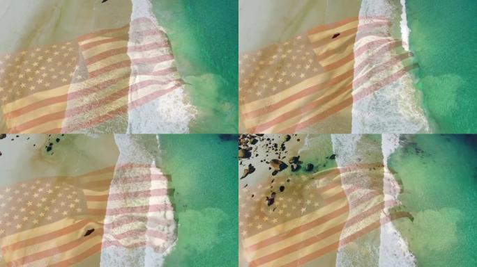 美国国旗飘扬在海滩和海洋波浪的鸟瞰图上的动画