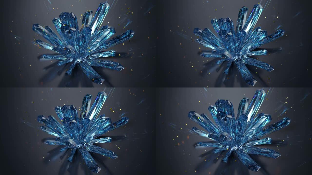 蓝色原始水晶和火花的集群3D渲染无缝循环动画