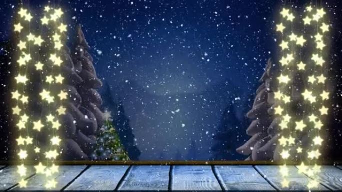 圣诞仙女灯和雪落在冬季景观上的动画