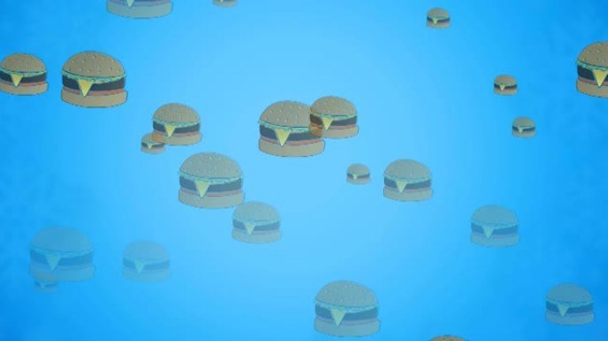蓝色背景上漂浮的多个芝士汉堡的动画
