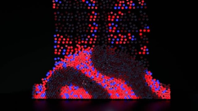 4k背景红色蓝色球体掉落并填满屏幕。球点亮并在球体上形成彩色图案。带有球的创意运动设计背景填充屏幕