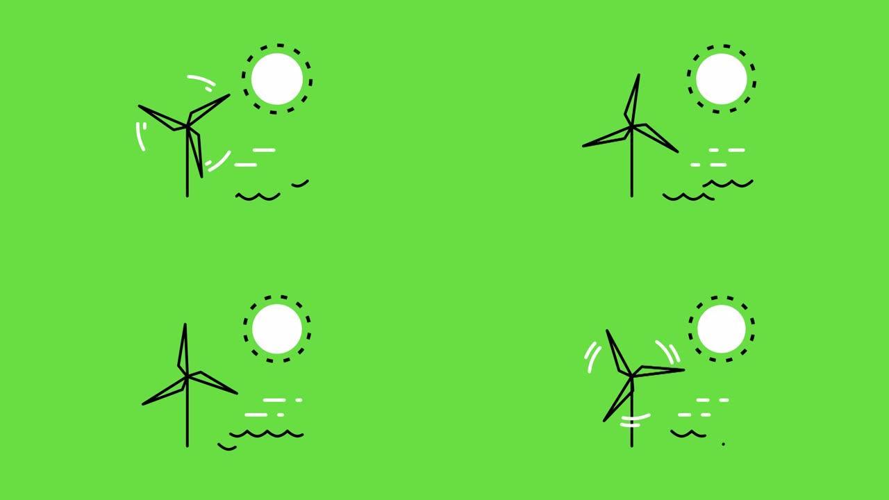 绿色背景上的卡通风，太阳和水的4k视频。