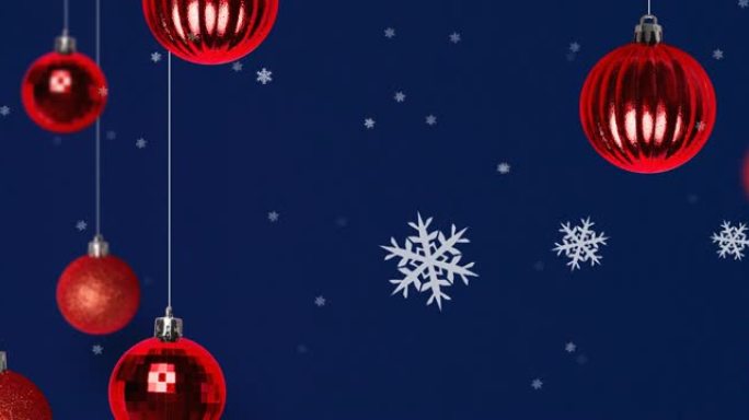 海军背景上的圣诞节摆设装饰上的雪的动画