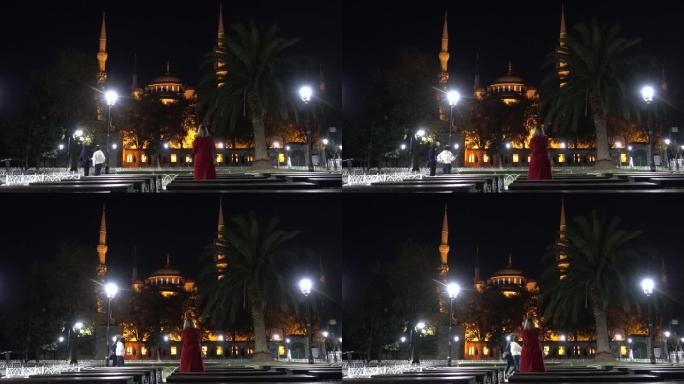伊斯坦布尔之夜，苏丹娜艾哈迈德广场的蓝色清真寺。土耳其伊斯坦布尔2021年9月