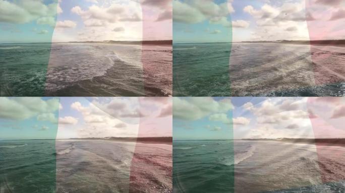 意大利国旗在海滩景观上吹拂的动画