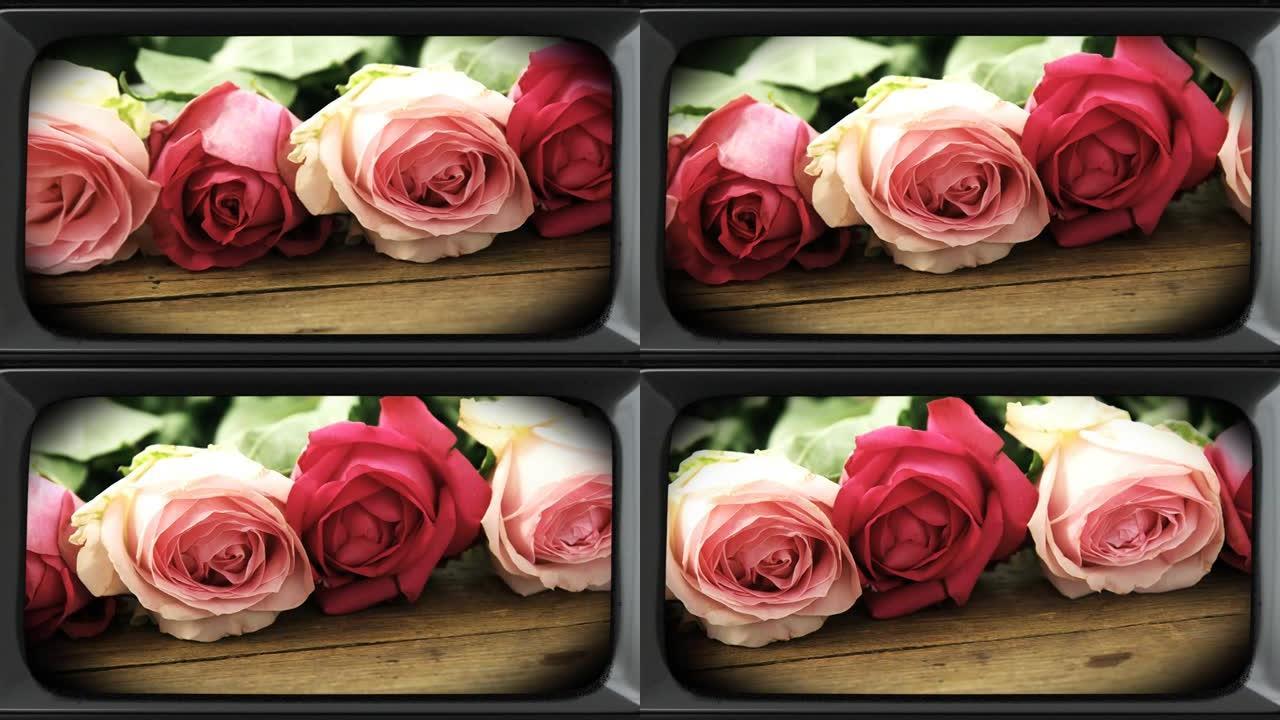复古电视屏幕上的玫瑰花束动画