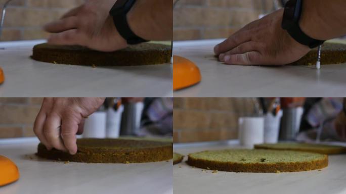 糕点师用特制的串刀将烤好的饼干切成块。