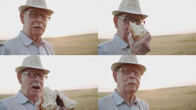 老人肖像吃新鲜面包，在阳光明媚的麦田里快乐