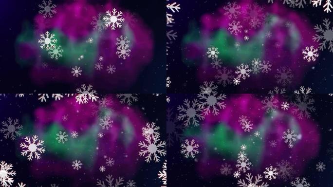 背景中飘落在北极光上的圣诞雪花动画