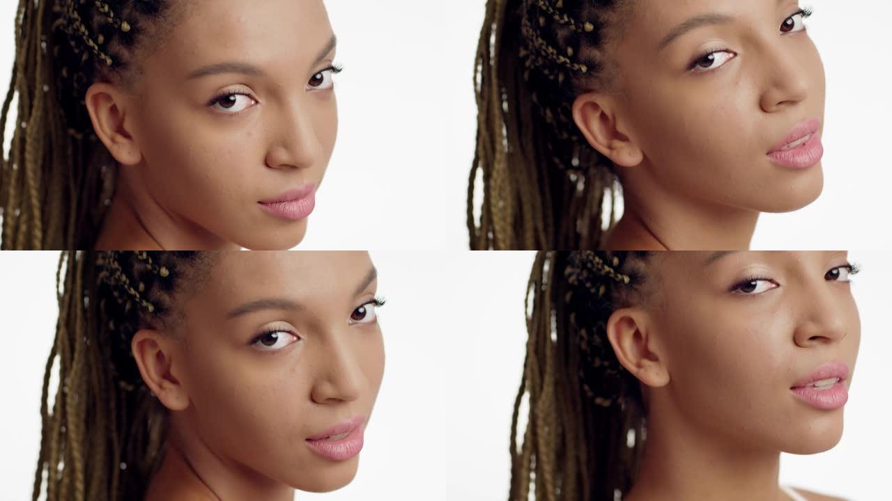 编织头发的非洲裔美国妇女肖像，白色背景
