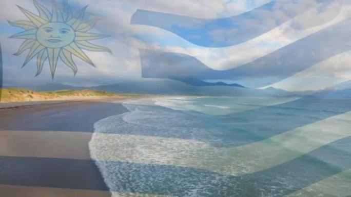 数字组成的挥舞乌拉圭旗帜反对海滩和大海的鸟瞰图