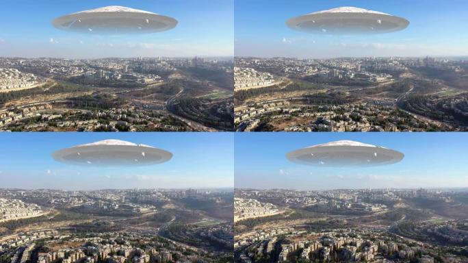 外星飞船ufo在耶路撒冷上空盘旋——鸟瞰图