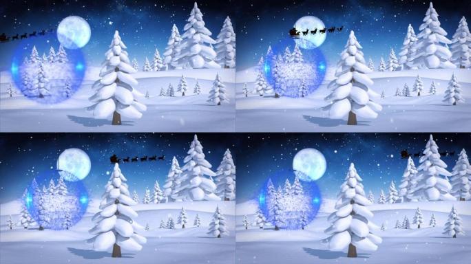 蓝色摆设装饰悬挂在冬季景观和夜空上落在树上的雪上