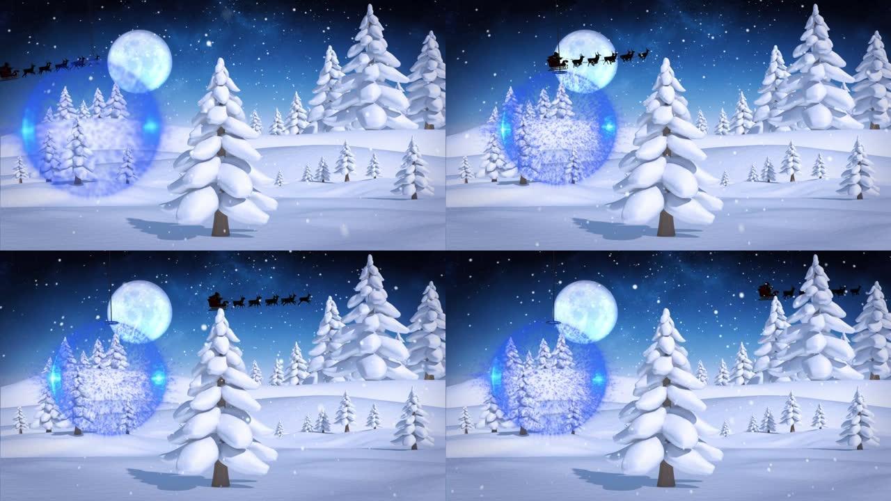 蓝色摆设装饰悬挂在冬季景观和夜空上落在树上的雪上