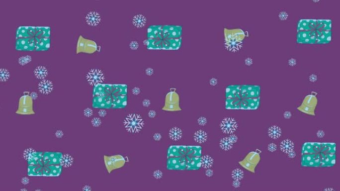 紫色背景上的铃铛和礼物落在圣诞节图案上的雪花动画