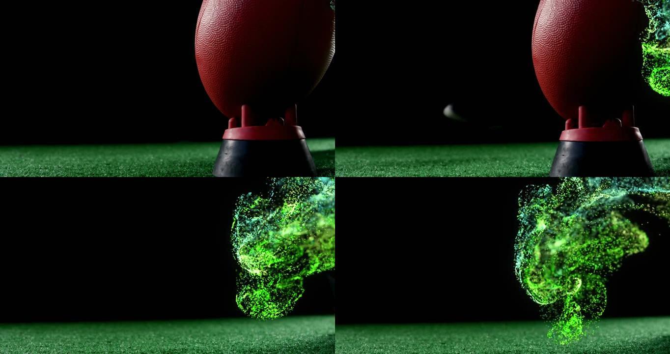 发光的绿色粒子在球场上在橄榄球上移动的动画