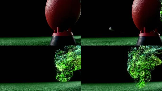 发光的绿色粒子在球场上在橄榄球上移动的动画