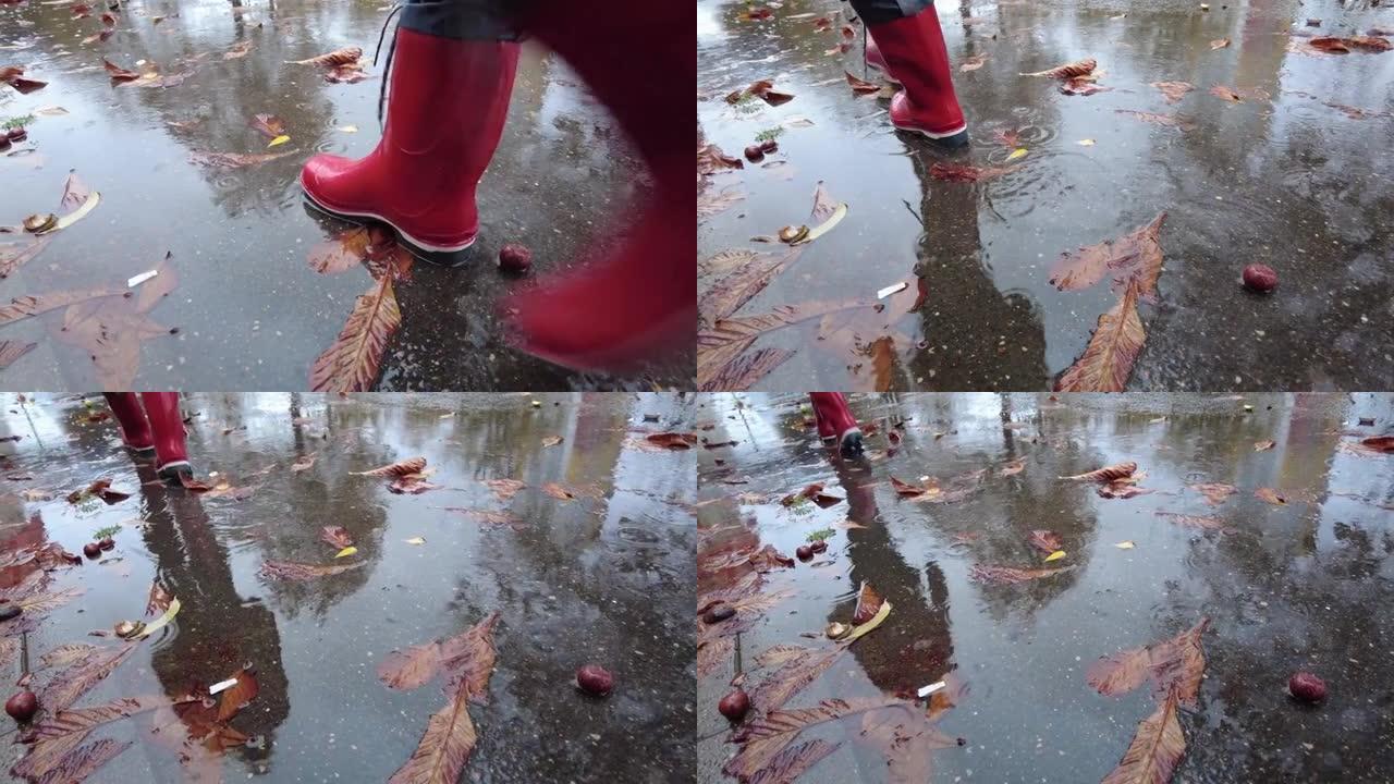 红色靴子是进入水坑的大台阶。慢动作的特写。秋季水坑