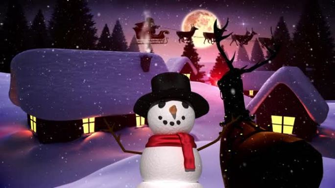雪人和圣诞老人在雪橇上的动画与驯鹿在冬季景观