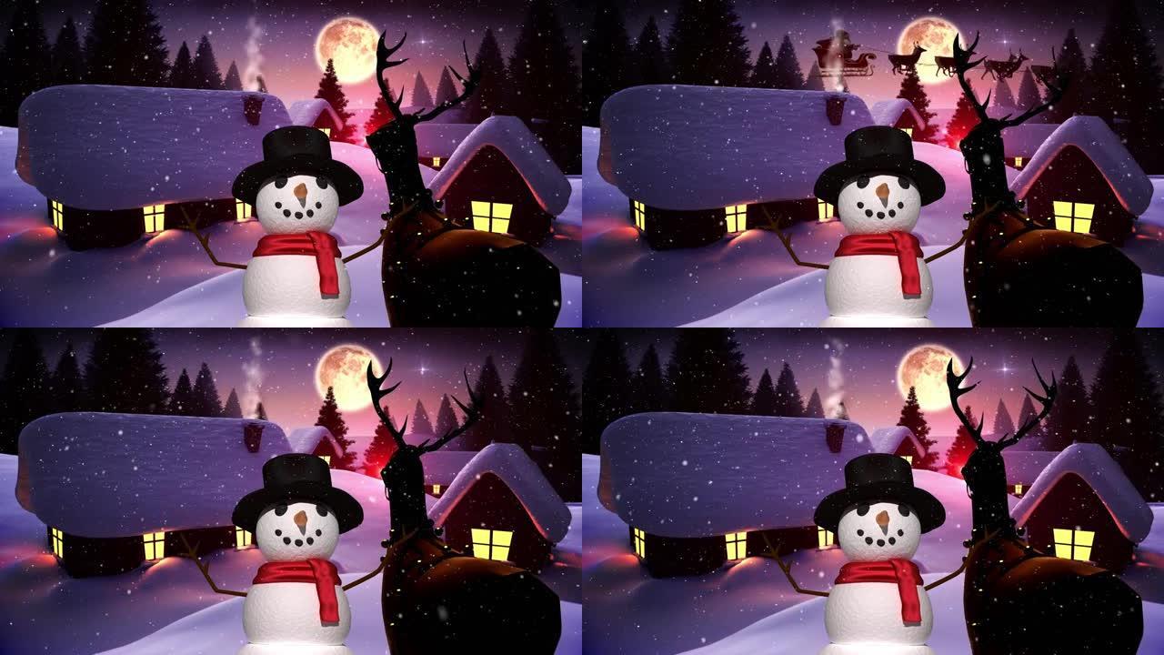 雪人和圣诞老人在雪橇上的动画与驯鹿在冬季景观