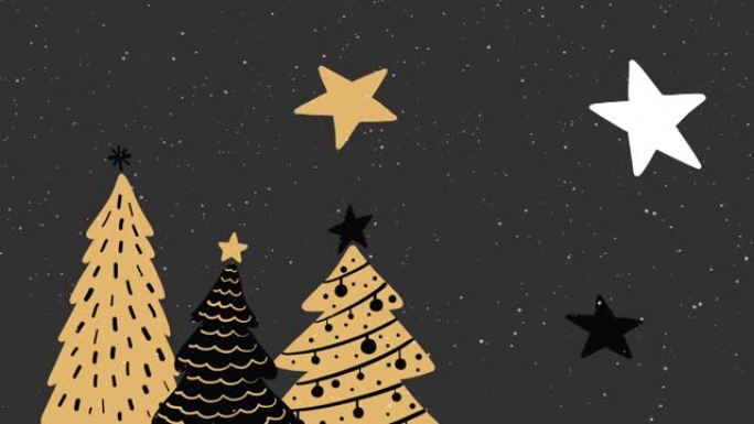 灰色背景上的圣诞树和星星上的降雪动画