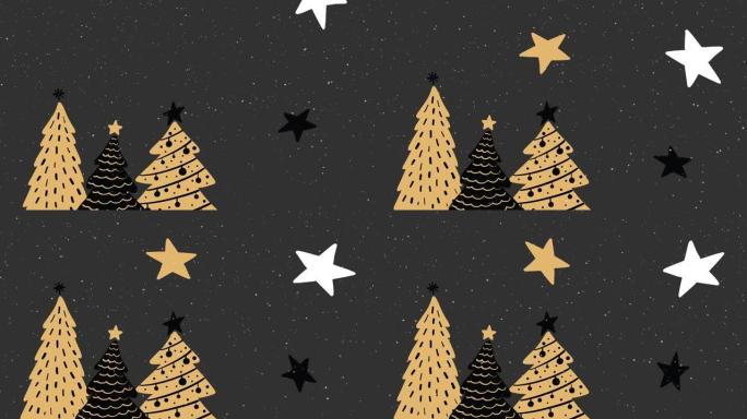 灰色背景上的圣诞树和星星上的降雪动画