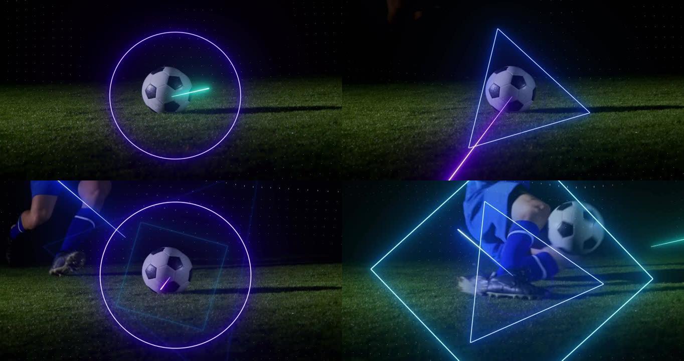 霓虹灯扫描仪在球场上处理足球数据的动画