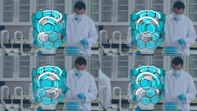 蓝色六边形在实验室工作的医生上的动画