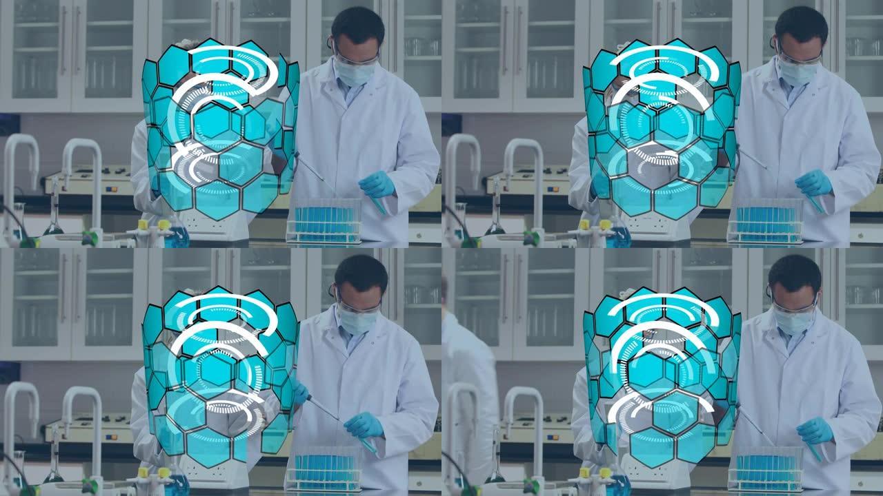 蓝色六边形在实验室工作的医生上的动画