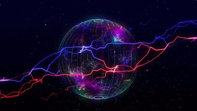 黑色上发光的全球网络上的红色和蓝色电流的动画