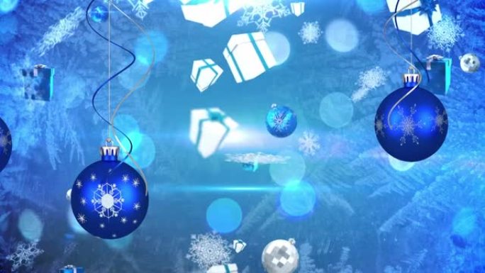 蓝色背景上圣诞节符号上的圣诞树球动画