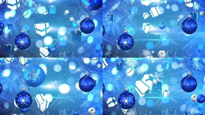蓝色背景上圣诞节符号上的圣诞树球动画