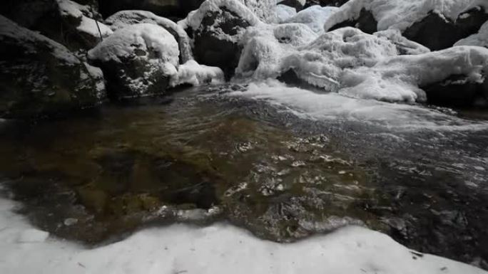 在针叶林中流淌的山区河流的死水特写。冰雪中的冰冻石头。横向移动滑动。广角