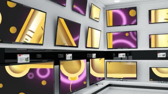 商店展示中的多台平板电视上的金色文字销售和粉红色霓虹灯圈的动画