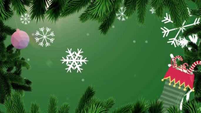 圣诞树上的动画落在绿色背景上的雪花上