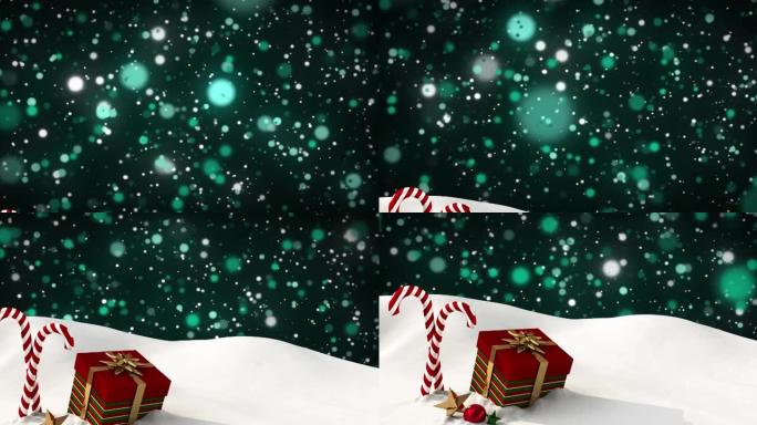 礼物和圣诞节糖果的动画躺在雪地上，背景是绿灯