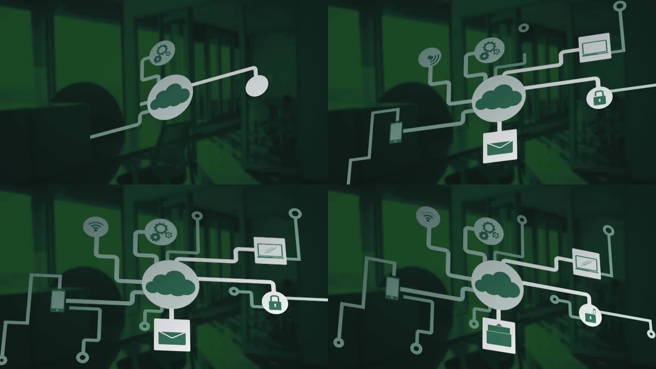 深绿色背景上的云与媒体图标网络动画