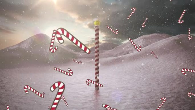 带有北极标志的冬季风光掉落的糖果棒动画