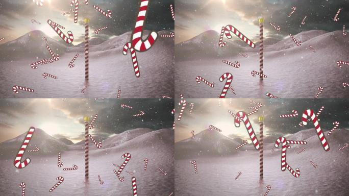 带有北极标志的冬季风光掉落的糖果棒动画