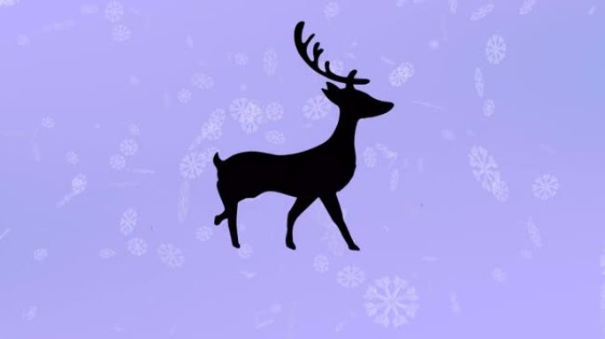 驯鹿在紫色背景下飘落的雪花上行走的黑色剪影