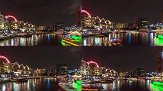 新加坡克拉克码头码头的生动夜晚新加坡河，延时视频