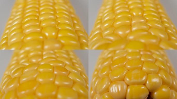 宏观视图黄色谷物玉米芯背景食品有机特写。将新鲜的甜玉米放在玉米棒上，为有机食品做准备。玉米种子质地，