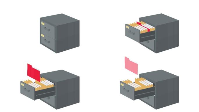 用文件存档。带有文件文件夹的邮箱动画。卡通