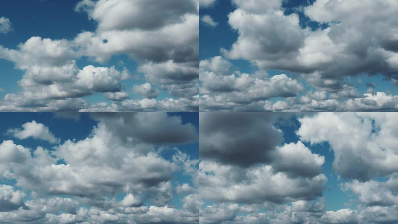 蓝天白云延时移动快速游泳并改变形状。夏天用卷云在蓝天上飞行的鸟瞰图。放置您的商业产品的文字和设计。复