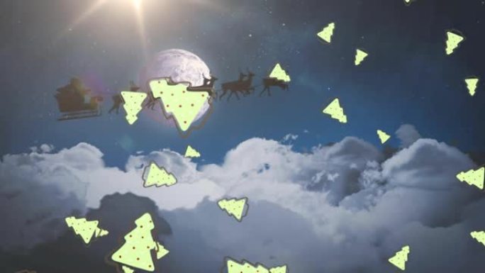 圣诞树图标落在雪橇上的圣诞老人上，被驯鹿拉向夜空