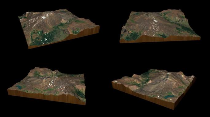 Copahue火山地形图3D渲染360度循环动画