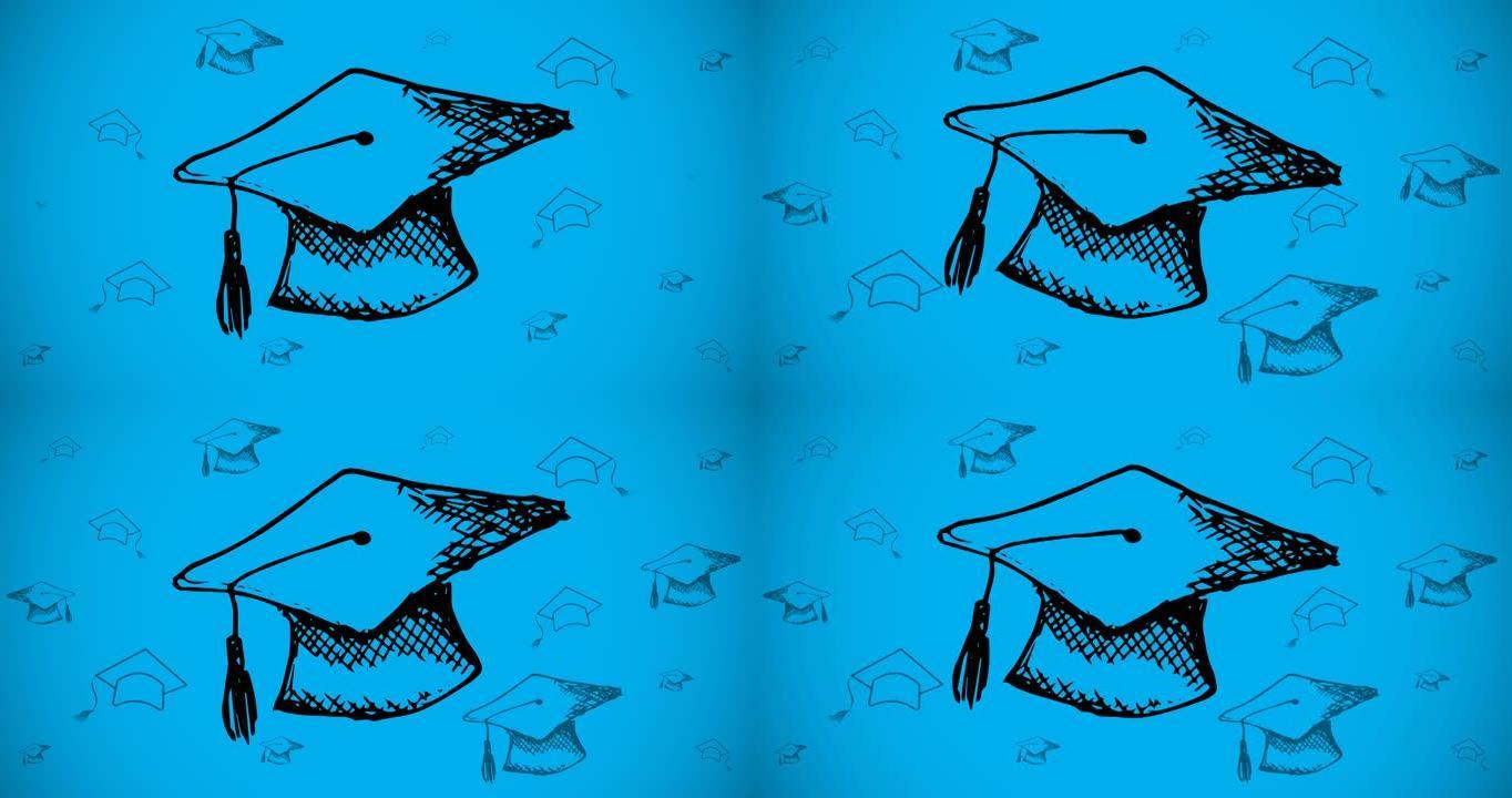 蓝色背景上的毕业帽动画