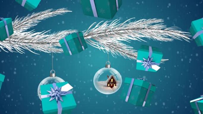 礼物掉落在圣诞树上的动画