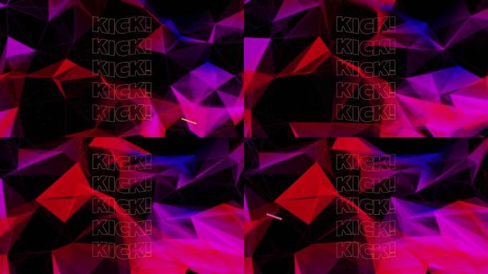 黑色背景上红色和紫色移动形状上的踢文字动画