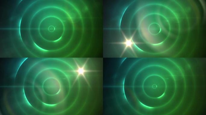 绿色背景上的光斑与螺旋光迹的数字动画